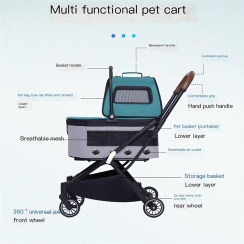 Pet Strollers Automatic Folding Double-Layer Pet Stroller Detached Pet Stroller Lightweight Small and Medium-Sized Stroller Pet Stroller Medium(Green) in Saudi Arabia