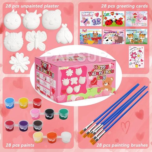 PARSUP 28 Pack DIY Valentine Painting Kit - Paintable Plaster Figurines + Coloring Cards (6 Styles) with Brushes & Paints, Classroom Exchange Gifts & Valentine Craft Party Favors for Kids in Saudi Arabia