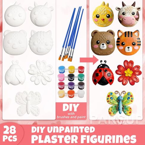 PARSUP 28 Pack DIY Valentine Painting Kit - Paintable Plaster Figurines + Coloring Cards (6 Styles) with Brushes & Paints, Classroom Exchange Gifts & Valentine Craft Party Favors for Kids in Saudi Arabia