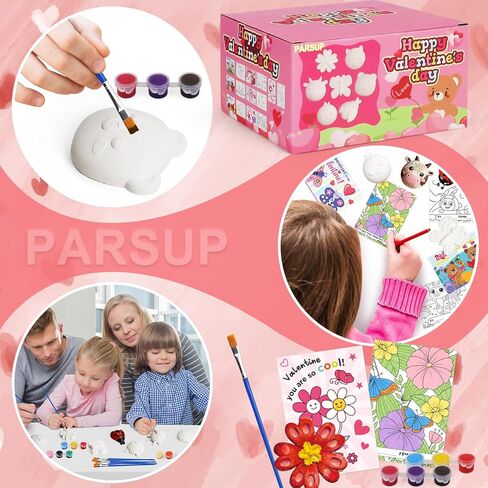 PARSUP 28 Pack DIY Valentine Painting Kit - Paintable Plaster Figurines + Coloring Cards (6 Styles) with Brushes & Paints, Classroom Exchange Gifts & Valentine Craft Party Favors for Kids in Saudi Arabia