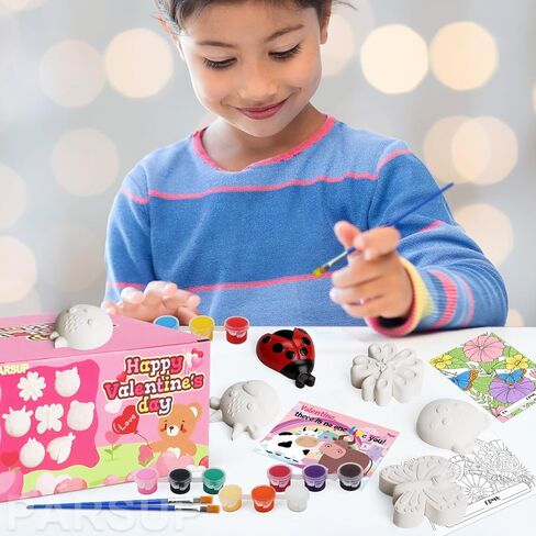 PARSUP 28 Pack DIY Valentine Painting Kit - Paintable Plaster Figurines + Coloring Cards (6 Styles) with Brushes & Paints, Classroom Exchange Gifts & Valentine Craft Party Favors for Kids in Saudi Arabia