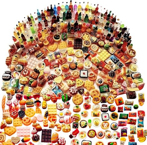 250Pcs Mini Food Miniatures Food Drinks Bottles Toys Doll House Accessories 1:12 Playset Kitchen Game Pretend Play Party Mini Things Stuff Tiny Baking Micro Hamburger Ice Cream Cake Bread in Saudi Arabia