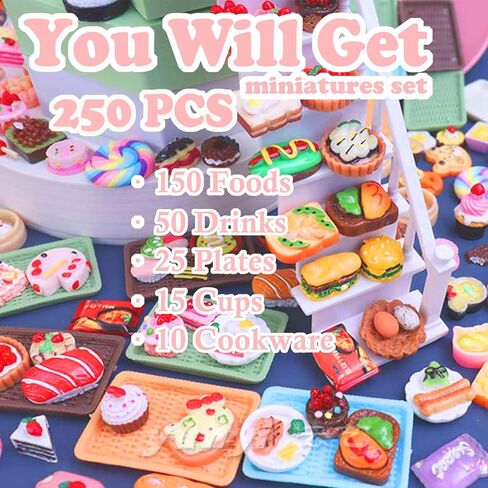 250Pcs Mini Food Miniatures Food Drinks Bottles Toys Doll House Accessories 1:12 Playset Kitchen Game Pretend Play Party Mini Things Stuff Tiny Baking Micro Hamburger Ice Cream Cake Bread in Saudi Arabia