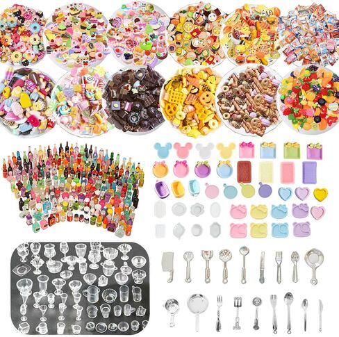 250Pcs Mini Food Miniatures Food Drinks Bottles Toys Doll House Accessories 1:12 Playset Kitchen Game Pretend Play Party Mini Things Stuff Tiny Baking Micro Hamburger Ice Cream Cake Bread in Saudi Arabia
