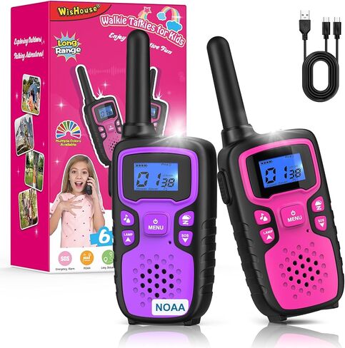 wishouse walkie talkies للأطفال قابلة لإعادة الشحن طويلة المدى، هدية عيد ميلاد للفتيات 4 5 6 7 8 9 سنوات، معدات المشي لمسافات طويلة والتخييم ألعاب رائعة مع NOAA، SOS Siren، مصباح، حبال، سهلة الاستخدام، 2 حزمة in Kuwait
