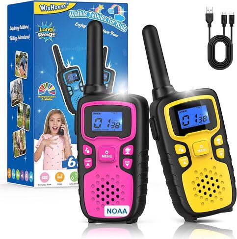 Wishouse Walkie Talkies for Kids Rechargeable Long Range,Xmas Birthday Gift for 4 5 6 7 8 9 Year Old Girls,Hiking Gear Camping Games Cool Toys with NOAA,SOS Siren,Lamp,Lanyards,Easy to Use,2 Pack in Saudi Arabia