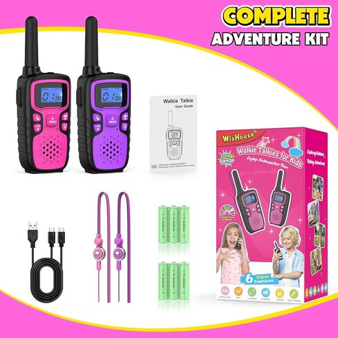 Wishouse Walkie Talkies for Kids Rechargeable Long Range,Xmas Birthday Gift for 4 5 6 7 8 9 Year Old Girls,Hiking Gear Camping Games Cool Toys with NOAA,SOS Siren,Lamp,Lanyards,Easy to Use,2 Pack in Saudi Arabia