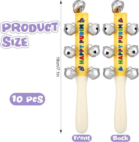 10 قطع من خشب البوريم السعيد مع أجراس الآلات الموسيقية صانعة الضوضاء لحقائب هدايا البوريم الحشو ديكورات حفلات الخشخشة للعطلات اليهودية in Kuwait