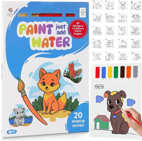 Planet First Paint Just Add Water Books for Kids – Animals Watercolor Painting Book with Brush, Includes 20 Activity Pages & 2 Extra Paint Pages, Low-Mess Paint-by-Number Art for Ages 3–8 in Saudi Arabia