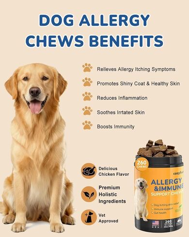 مضغ حساسية الكلاب 260 قيراط - 23 أوقية مكملات للكلاب لحكة الجلد ولعق المخالب، تركيبة مختبر الولايات المتحدة الأمريكية مع البروبيوتيك، الكلاب هي تخفيف الحكة البشرية بالفيتامينات المتعددة، وتعزيز الجهاز المناعي in Kuwait