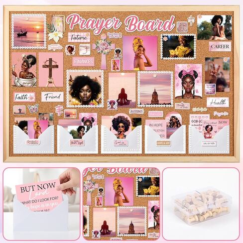 مجموعة لوحة الصلاة للنساء السود - لوازم ملصقات لوحة الصلاة Vemfare مع دبابيس مغلف وبطاقات اقتباسات آية الكتاب المقدس، ملصقات سجل القصاصات التحفيزية الوردية، لوازم دراسة الكتاب المقدس (لا تشمل اللوحة) in Kuwait