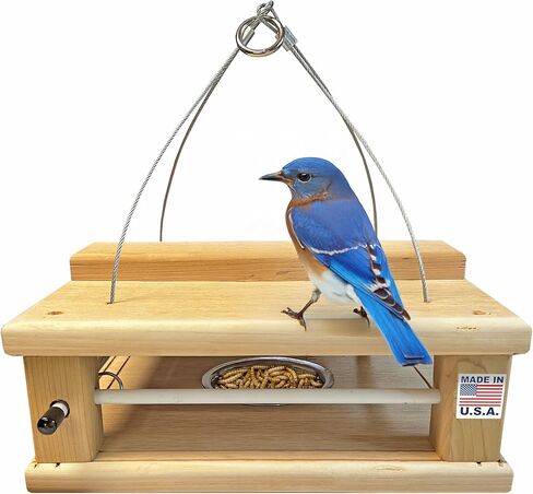 DutchCrafters Cedar Wood Covered Hanging Bluebird Feeder for Mealworms with Food Cup, Enclosed Wooden Dried Mealworm Feeder for Bluebirds for Outdoors in Saudi Arabia