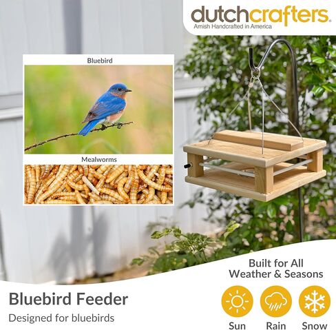 DutchCrafters Cedar Wood Covered Hanging Bluebird Feeder for Mealworms with Food Cup, Enclosed Wooden Dried Mealworm Feeder for Bluebirds for Outdoors in Saudi Arabia