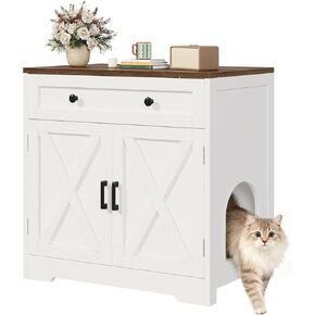 حاوية صندوق فضلات القطط مع أدراج تخزين، وأثاث خشبي لصندوق فضلات مخفي، وبيت قطط داخلي حديث للمزرعة وطاولة جانبية متعددة الوظائف، باللون الأبيض in Kuwait
