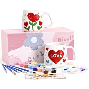 مجموعة طلاء الأكواب من موستيك، قم برسم مجموعة الأكواب الخاصة بك، قطعتان من أكواب السيراميك للطلاء، مجموعات هدايا عيد الأم وعيد الأب وعيد الحب، تتضمن كوبين قابلين للطلاء 12 أونصة، ودهانات، وفرش in Kuwait