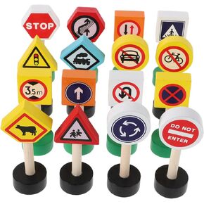 16pcs Wooden Traffic Sign Playset Educational Road Signs for Boy Girl Mini Street Signals for Preschool Safety Awareness Interactive Learning Aid Natural in Kuwait