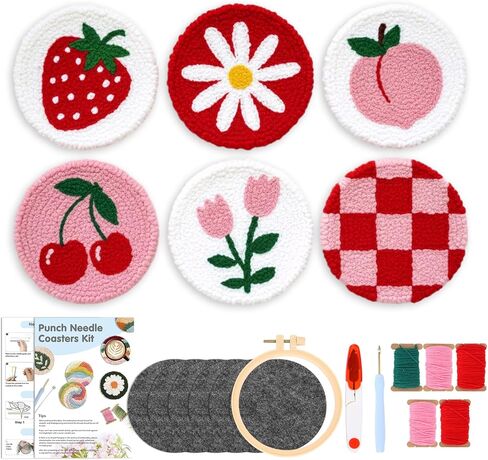 JarThenaAMCS 6 Pcs Valentine' s Day Punch Needle Coaster Kit Easy DIY Pink Red Strawberry Cherry Peach Embroidery Set with Tools for Wedding Anniversary Party Supplies in Saudi Arabia