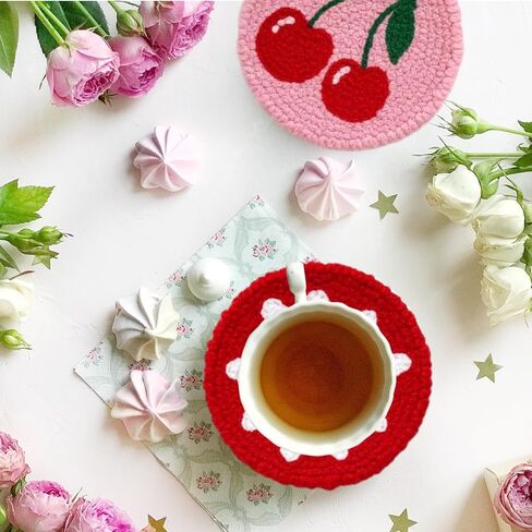 JarThenaAMCS 6 Pcs Valentine' s Day Punch Needle Coaster Kit Easy DIY Pink Red Strawberry Cherry Peach Embroidery Set with Tools for Wedding Anniversary Party Supplies in Saudi Arabia