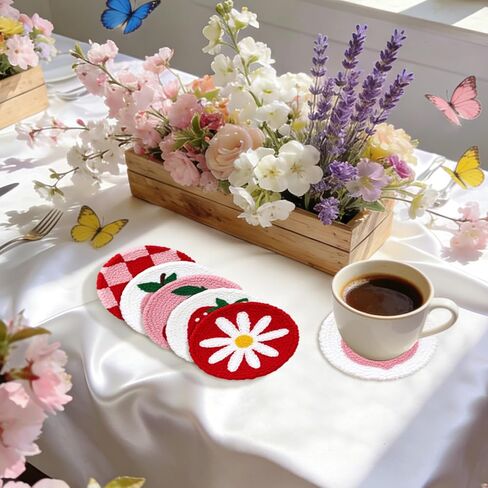 JarThenaAMCS 6 Pcs Valentine' s Day Punch Needle Coaster Kit Easy DIY Pink Red Strawberry Cherry Peach Embroidery Set with Tools for Wedding Anniversary Party Supplies in Saudi Arabia