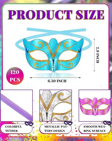 Sratte 120 Pcs Mardi Gras Masks Bulk Metallic Masquerade Masks 6 Colors Mardi Gras Costume Party Accessory in Saudi Arabia