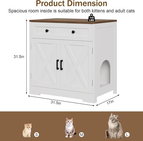 حاوية صندوق فضلات القطط مع أدراج تخزين، وأثاث خشبي لصندوق فضلات مخفي، وبيت قطط داخلي حديث للمزرعة وطاولة جانبية متعددة الوظائف، باللون الأبيض in Kuwait