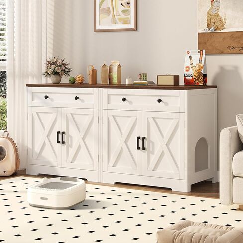 حاوية صندوق فضلات القطط مع أدراج تخزين، وأثاث خشبي لصندوق فضلات مخفي، وبيت قطط داخلي حديث للمزرعة وطاولة جانبية متعددة الوظائف، باللون الأبيض in Kuwait