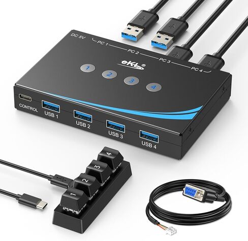 اي كيه ال محول USB 3.0 بـ4 اجهزة كمبيوتر لمشاركة 4 منافذ USB لاجهزة الكمبيوتر واللابتوب والماوس والكيبورد والماسح الضوئي والطابعة مع زر تبديل واحد ومخرج صوت 3.5 ملم in Saudi Arabia