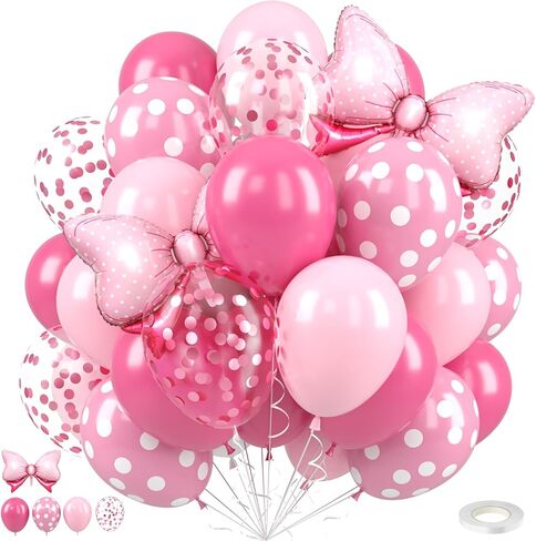 Pink Bow Balloons,12 Inch Hot Pink Rose Dots Bow Foil Balloon and Confetti Balloons with Ribbon,for Girls Birthday Baby Shower Decoration Birthday Wedding in Saudi Arabia