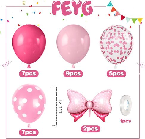 Pink Bow Balloons,12 Inch Hot Pink Rose Dots Bow Foil Balloon and Confetti Balloons with Ribbon,for Girls Birthday Baby Shower Decoration Birthday Wedding in Saudi Arabia