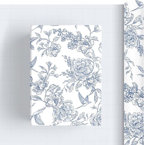 VCOOHM Blue Floral Wrapping Paper Roll - 17 Inches x 9.8 Feet - Vintage Blue Wrapping Paper for Birthday, Wedding, Bridal Shower, Chrismtas and Mother's Day Gifts in Saudi Arabia