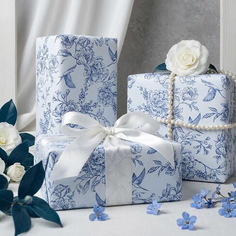 VCOOHM Blue Floral Wrapping Paper Roll - 17 Inches x 9.8 Feet - Vintage Blue Wrapping Paper for Birthday, Wedding, Bridal Shower, Chrismtas and Mother's Day Gifts in Saudi Arabia