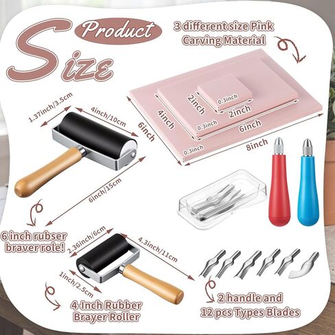 مجموعة Gaillty Linocut للطباعة تتضمن 12 قطعة مقاس 2 بوصة × 2 بوصة، و6 قطع مقاس 4 بوصة × 6 بوصة، وقطعتين مقاس 6 بوصة × 8 بوصة، وسكاكين وبكرتين، ومكعبات مشمع للمبتدئين في نحت الطوابع والهدايا الفنية in Kuwait