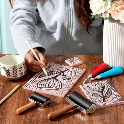 مجموعة Gaillty Linocut للطباعة تتضمن 12 قطعة مقاس 2 بوصة × 2 بوصة، و6 قطع مقاس 4 بوصة × 6 بوصة، وقطعتين مقاس 6 بوصة × 8 بوصة، وسكاكين وبكرتين، ومكعبات مشمع للمبتدئين في نحت الطوابع والهدايا الفنية in Kuwait