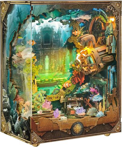 زوايا الكتب DIY - طقم منزل مصغر لمغامرة الغواصات في أعماق البحار | خلفية دوارة، مصابيح LED، تحكم باللمس، مجموعات نماذج حرفية ذاتية التجميع للهدايا والديكور - اكتشف أتلانتا in Kuwait