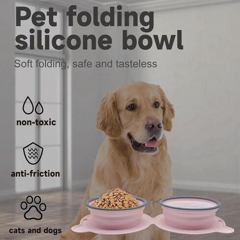 أوعية للكلاب قابلة للطي للسفر، مجموعة أوعية طعام ومياه محمولة للكلاب، أوعية سيليكون قابلة للطي للجراء، إكسسوارات سفر لطيفة وخفيفة الوزن للحيوانات الأليفة الأساسية باللون الوردي in Kuwait