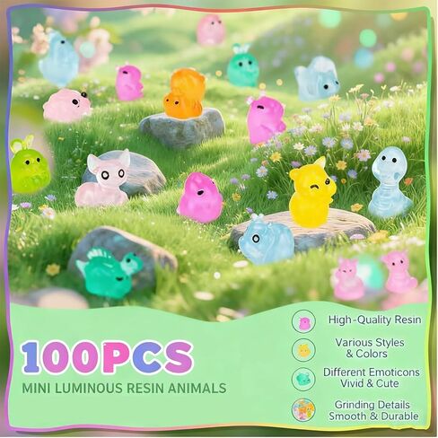 100 قطعة من أشكال الحيوانات الصغيرة من الراتنج، نماذج صغيرة تتوهج في الظلام من الراتنج الحيواني اللطيف، حقيبة عمياء من الراتنج الغامض، تصميم مصغر للحيوانات للديكور الخارجي لبيت الدمى وإكسسوارات الحديقة الخيالية in Kuwait