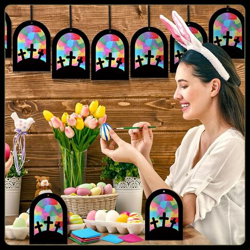 Marsui 36 مجموعات عيد الفصح الحرف عدة للبالغين المسيحية الصليب suncatcher عيد الفصح الكنيسة الدينية الصليب المناديل الورقية الحرفية DIY suncatchers شنقا الحلي لنافذة المنزل لوازم الحفلات in Saudi Arabia