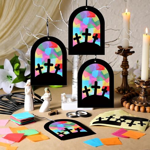Marsui 36 مجموعات عيد الفصح الحرف عدة للبالغين المسيحية الصليب suncatcher عيد الفصح الكنيسة الدينية الصليب المناديل الورقية الحرفية DIY suncatchers شنقا الحلي لنافذة المنزل لوازم الحفلات in Saudi Arabia