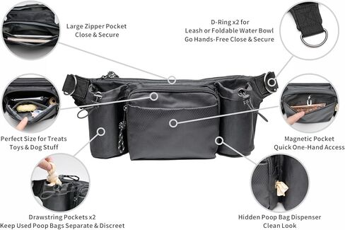 TIGERLI Dog Walking Fanny Pack with Magnetic Treat Pouch, Dual Water Bottle Holders, Poop Bag Dispenser, Waterproof Zipper, Adjustable Strap, 2 D-Rings for Hands-Free Leash, Black in Saudi Arabia