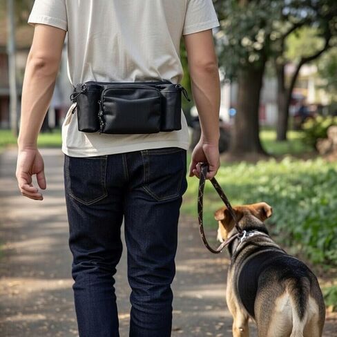 TIGERLI Dog Walking Fanny Pack with Magnetic Treat Pouch, Dual Water Bottle Holders, Poop Bag Dispenser, Waterproof Zipper, Adjustable Strap, 2 D-Rings for Hands-Free Leash, Black in Saudi Arabia