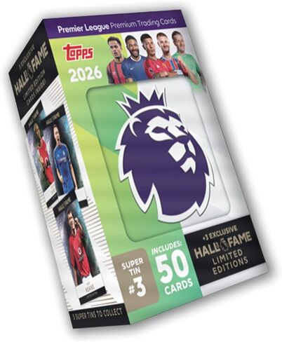 Topps Premier League 2026 - الإصدار الأول - Hall of Fame Super Tin #3. تحتوي على 50 بطاقة بالإضافة إلى 3 بطاقات Hall of Fame LE. in Saudi Arabia