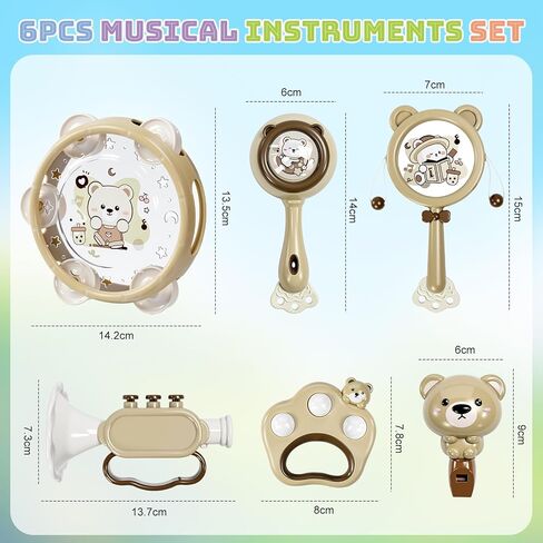 Baby Musical Toys for Toddlers 1-3: 6pcs Montessori Kids Musical Instruments Infant Baby Teething Toy with Rattle & Tambourine for Preschool Learning Birthday for Boys Girls in Saudi Arabia