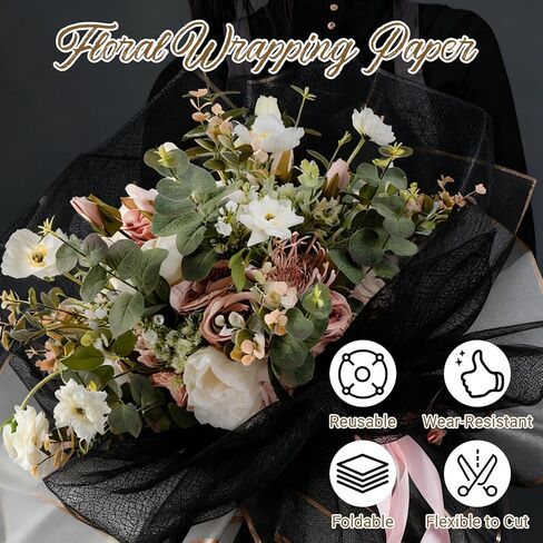 Luomorgo 1 Pack Jacquard Net Mesh Floral Wrapping Paper - 19.6 Inch x 5 Yards Openwork Design for Flower Bouquets, Gift Packaging & DIY Crafts, Black in Saudi Arabia