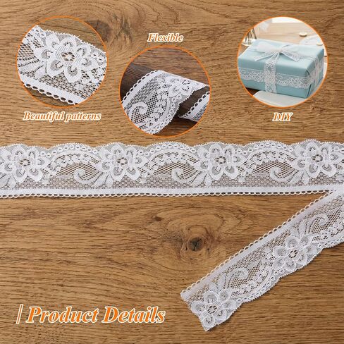 2 Inch White Lace Ribbon, 6 Yards Wide Lace Trim for Sewing, Elastic Stretchy Lace's Fabric for Crafting Dressing Sewing Gift Wrapping Bridal Wedding Decorations in Kuwait