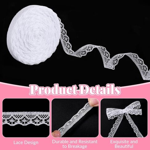 30 Yards White Lace Ribbon, 0.6 Inch Wide Lace Trim for Sewing Wavy Edge Flower Hollow Cotton Laces Fabric for Gift Wrapping Bouquet Packaging Wedding Decoration DIY Crafts in Saudi Arabia