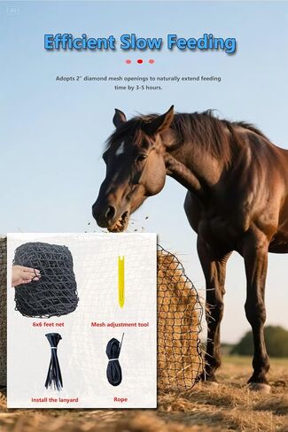 شبكة قش مستديرة للخيول، شبكة تغذية بطيئة شديدة التحمل مقاس 5 × 5 أقدام بتصميم بدون عقد مقاس 1.5 بوصة وسعة 1600 رطل، حافظة قش مقاومة للعوامل الجوية لأغنام الماشية والماعز، توفر 60% من نفايات القش (أسود)​ in Kuwait