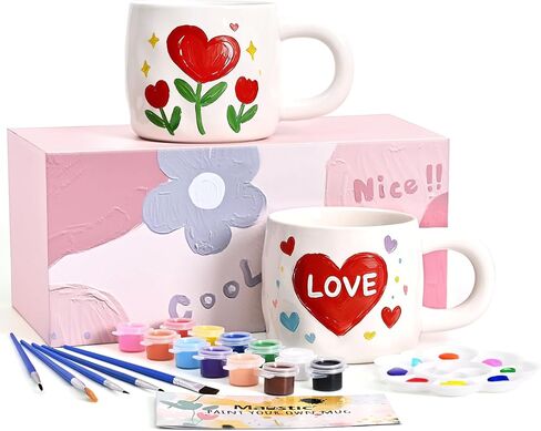 Maustic Mug Painting Kit, Paint Your Own Mug Kit, 2 Pcs Ceramic Mugs to Paint, Mothers Day Fathers Day Valentine's Day DIY Gift Kits, Includes 2 Paintable Mugs 12 Oz, Paints, Brushes in Saudi Arabia