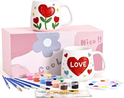 مجموعة طلاء الأكواب من موستيك، قم برسم مجموعة الأكواب الخاصة بك، قطعتان من أكواب السيراميك للطلاء، مجموعات هدايا عيد الأم وعيد الأب وعيد الحب، تتضمن كوبين قابلين للطلاء 12 أونصة، ودهانات، وفرش in Kuwait