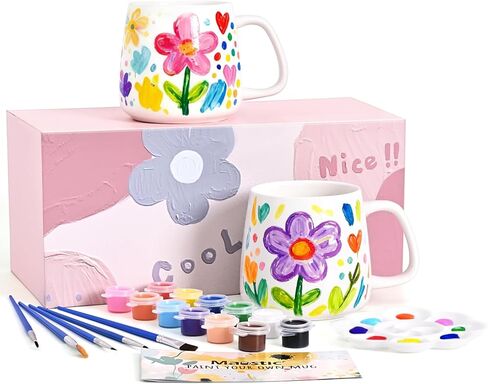 مجموعة طلاء الأكواب من موستيك، قم برسم مجموعة الأكواب الخاصة بك، قطعتان من أكواب السيراميك للطلاء، مجموعات هدايا عيد الأم وعيد الأب وعيد الحب، تتضمن كوبين قابلين للطلاء 12 أونصة، ودهانات، وفرش in Kuwait