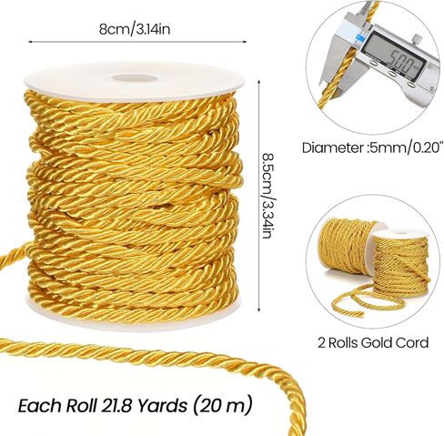 2 Rolls Gold Rope Ribbon, 5mm 43.6 Yards Gold Cording for Crafts, Golden Rope Trim for Sewing, Upholstery, Curtain Tiebacks, Home Decor & Graduation Honor Cord(Each Roll 21.8 Yards Long) in Kuwait